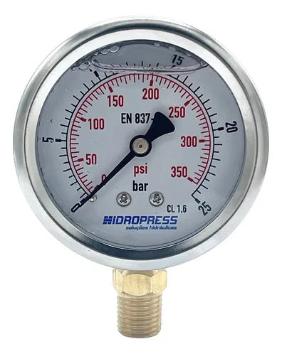 MANOMETRO HIDROPRESS DE 0 Á 25 BAR X 350 PSI - 1/4 NPT - INFERIOR